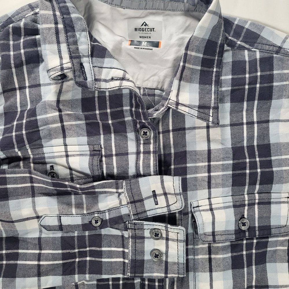 Ridgecut Toughwear Women's Medium White Blue Plaid Long Sleeve‎ Button Up Shirt